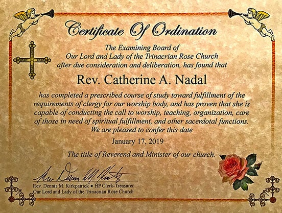 Certificate of Rev. Catherine Nadal